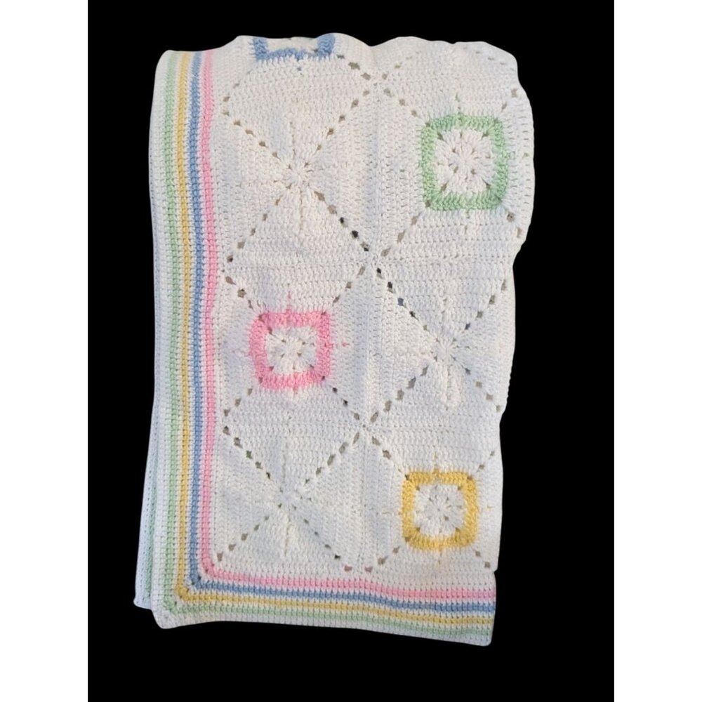 Handmade Crochet Baby Blanket Pastel Squares White  Color Accents  32.5 c 32‎